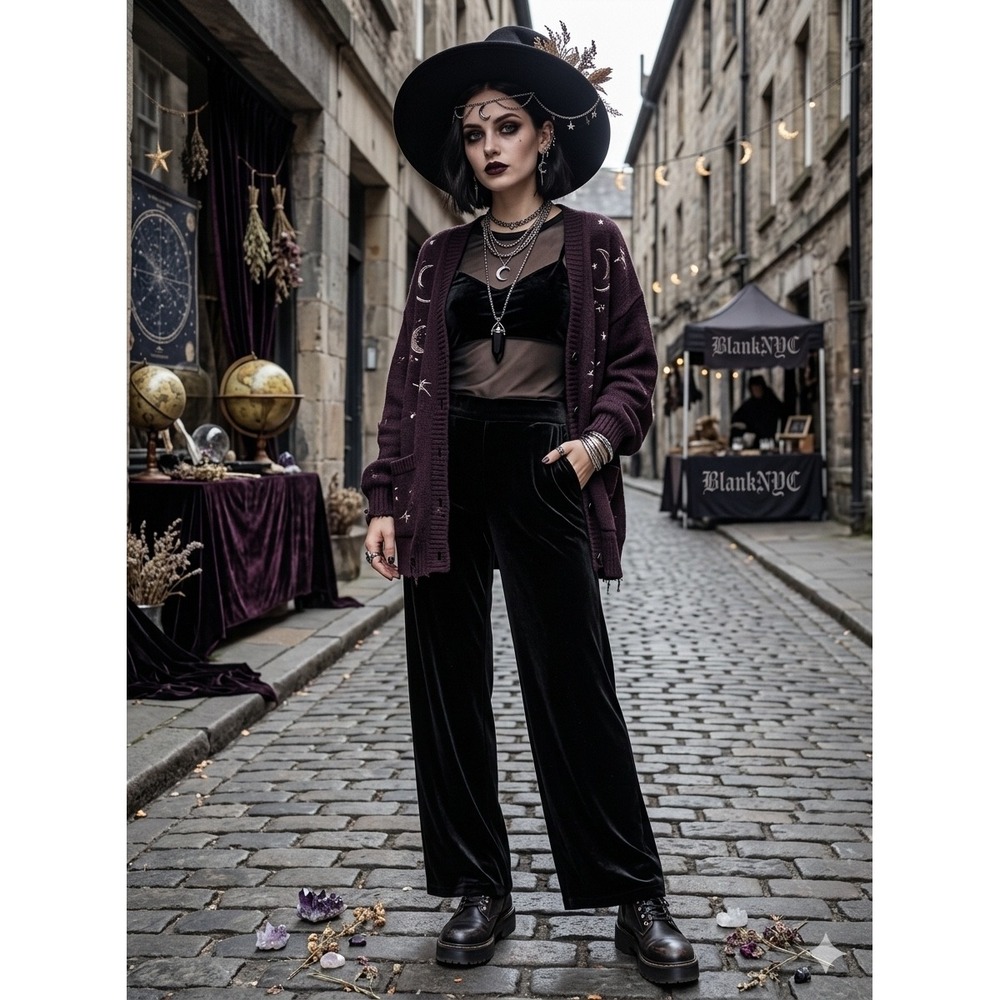 BlankNYC Black Velvet Wide Leg Pants Stretch Trousers XL Whimsigoth Witchy Goth